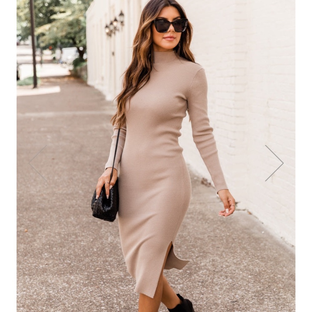 Pink Lily Any other night Taupe mock neck ribbed midi dress